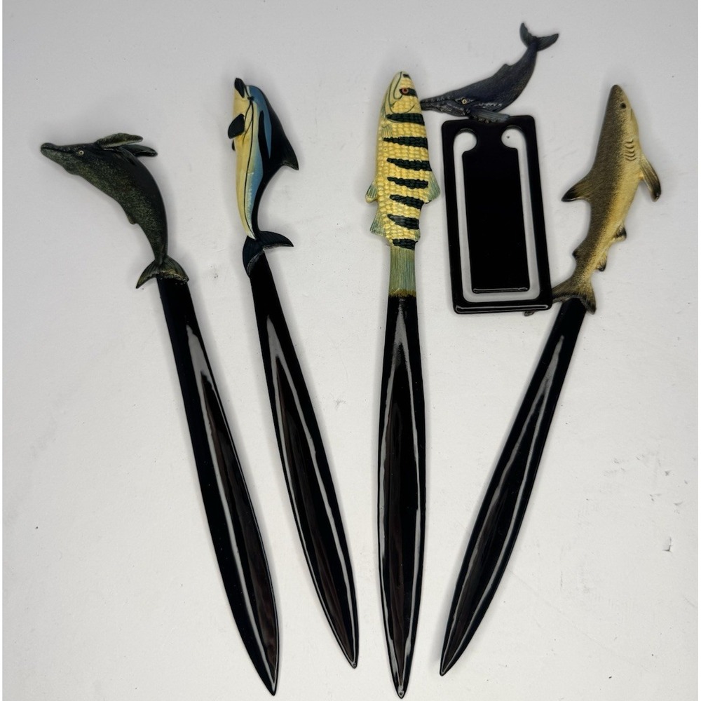 Lot of 5 Vintage Lacquer Painted Fish Letter Openers And Figurines 8"